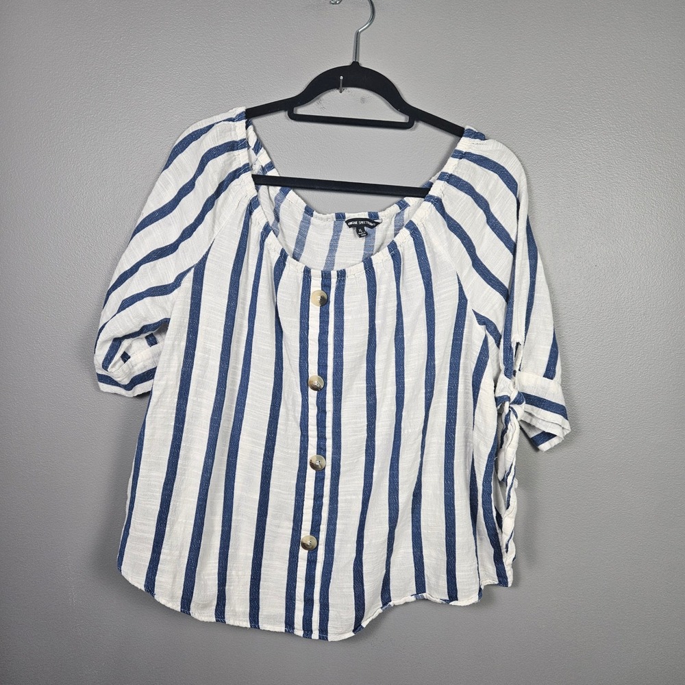 Unique Spectrum Womens XL Peasant Blouse Stripe Cotton Tie‎ Sleeve Blue White